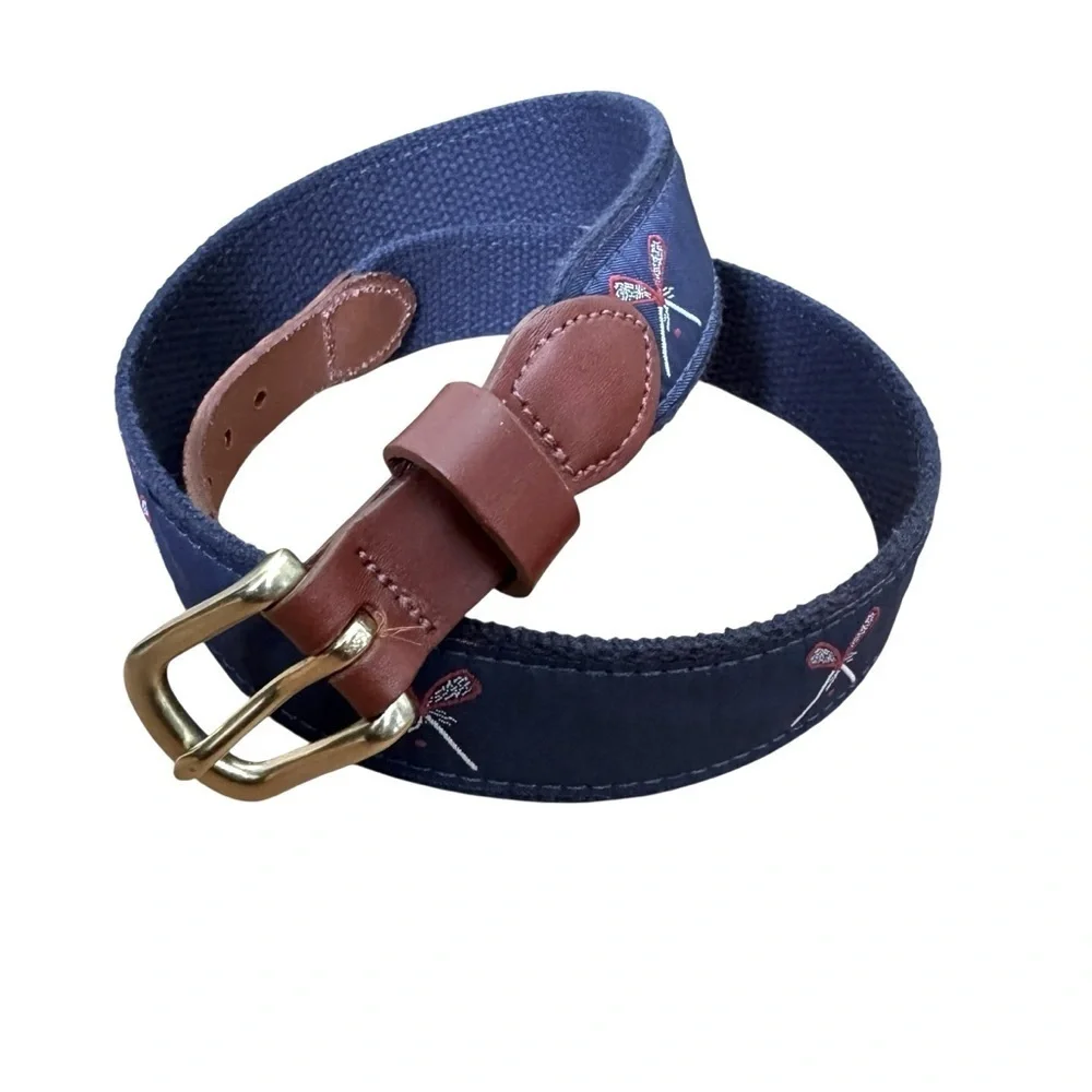 Leather Man Embroidered Lacrosse Belt Brass Buckle Leather Trim Navy Size 30
